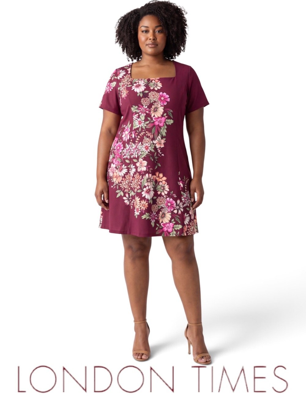 NWT London Times Plus Size 16W Square Neck Floral Fit & Flare Dress Burgundy